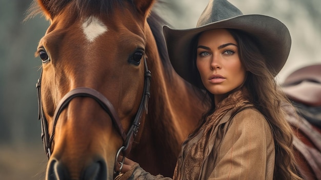 A Beautiful woman cowboy posing at her horse AI Generated Image