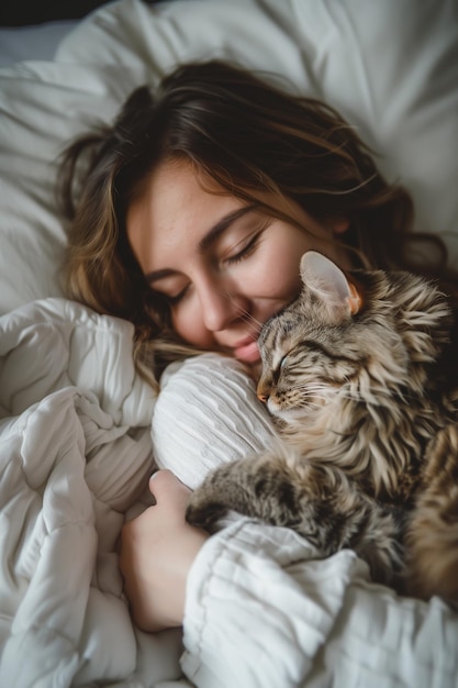 아름다운 여성이 집에서 편안한 침대에서 평화로운 아침에 털털한 고양이를 안고 있습니다.