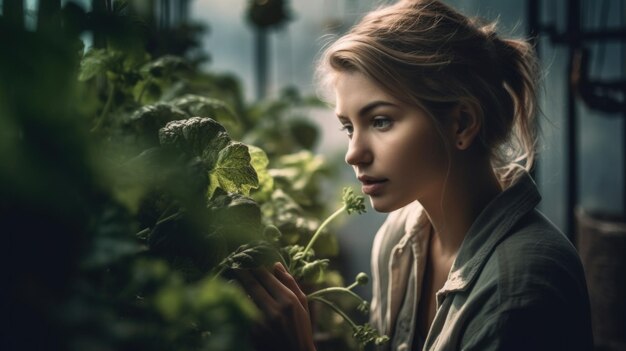 Красивая женщина выращивает собственные свежие органические овощи в маленьком саду Генеративный искусственный интеллект