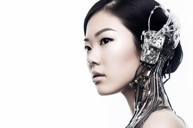 A beautiful woman cyborg with a silver necklace on white background