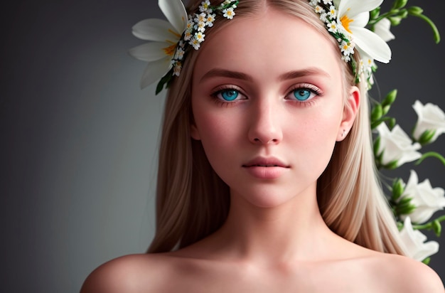 Beautiful woman in daisies Portrait of pretty model with composition of chamomile Generative AI