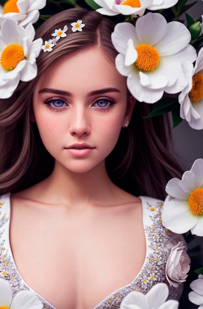 Beautiful woman in daisies Portrait of pretty model with composition of chamomile Generative AI