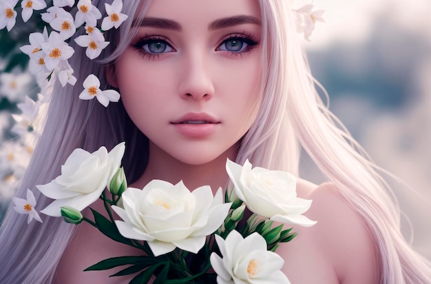 Beautiful woman in daisies Portrait of pretty model with composition of chamomile Generative AI