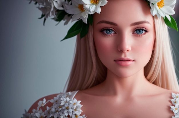 데이지 속의 아름다운 여성 카모마일로 구성된 예쁜 모델의 초상화 Generative AI