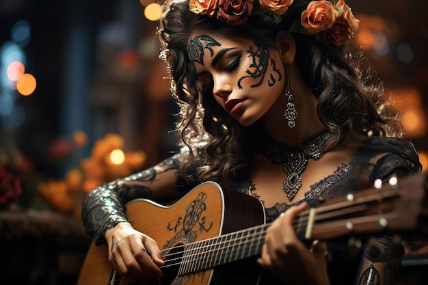 Beautiful woman dancing mexican for the Day of the Dead Perfect beautiful dia de muertos background Created with generative AI