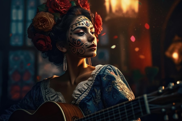 Beautiful woman dancing mexican for the Day of the Dead Perfect beautiful dia de muertos background Generate Ai