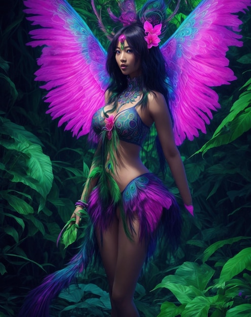 Beautiful woman in a dark enchanted jungle on planet