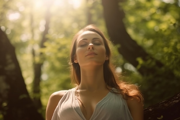 Beautiful woman in deep state of meditation Connection to the spiritual essence