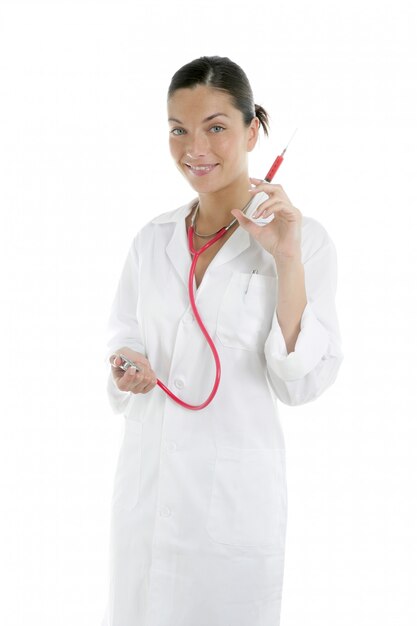 Beautiful woman doctor with red syringe