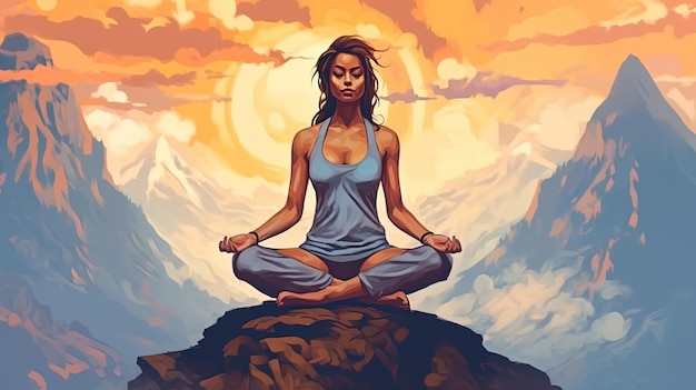 Beautiful woman doing yoga on a mountain top Fantasy concept Illustration painting