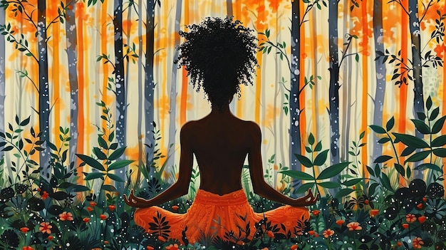 Photo a beautiful woman doing yoga surrounded by vegetation in the style of dark orange and light beige poster art multicultural flat form generative ai