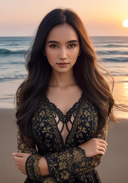 해가 지는 해변에서 드레스를 입은 아름다운 여성