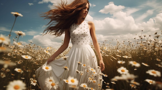 Beautiful woman in a dress in a field of daisies Wallpaper