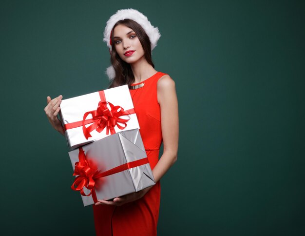 Beautiful woman,  dress , gifts boxes red bows birthday, New Year, Christmas, Valentine's Day