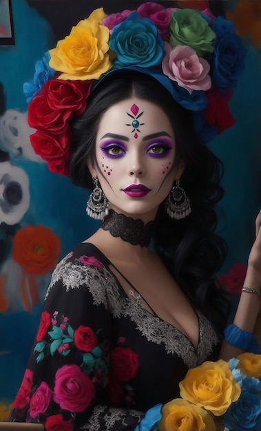 A beautiful woman dressed as a catrina posing with floral decorations