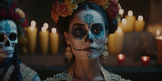メキシコの死者の日のために服を着た美しい女性