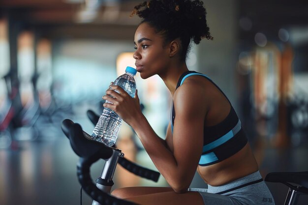 A beautiful woman dressed in sportswear rides a stationary bicycle while holding a water bottle