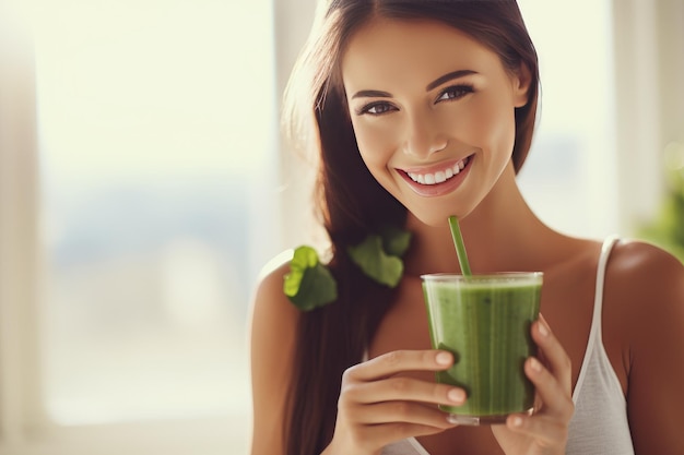 Beautiful woman drinking an organic green smoothie