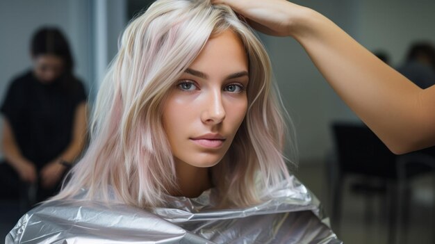 Beautiful woman dyeing her hair