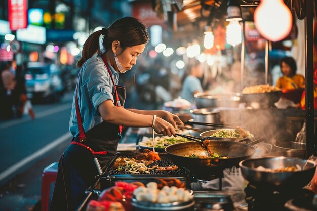 写真 美しい女性が屋外で美味しいストリートフードを食べている