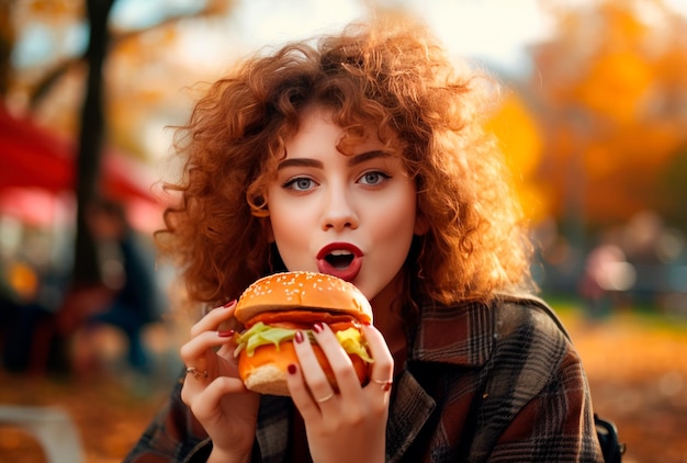 Foto una bella donna che mangia hamburger