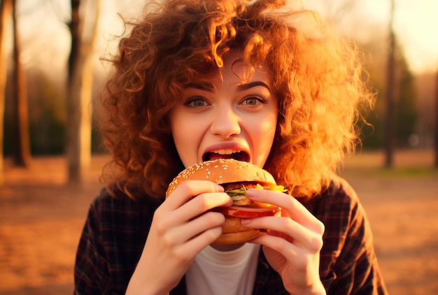 Foto una bella donna che mangia hamburger