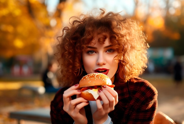 a beautiful woman eating hamburger