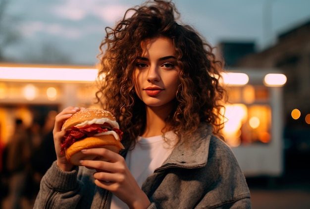 a beautiful woman eating hamburger