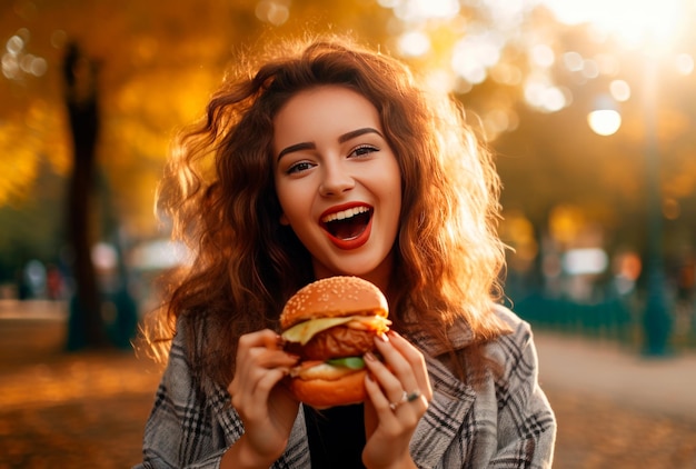 a beautiful woman eating hamburger