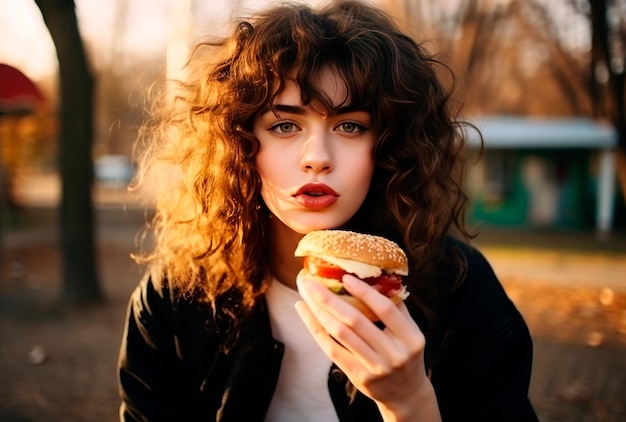 a beautiful woman eating hamburger