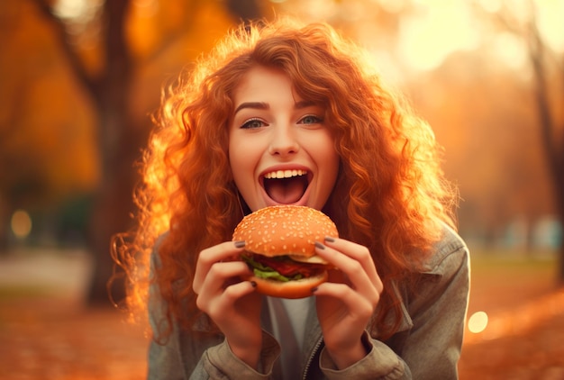 Foto una bella donna che mangia hamburger