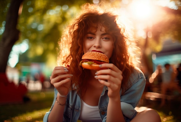 Foto una bella donna che mangia hamburger