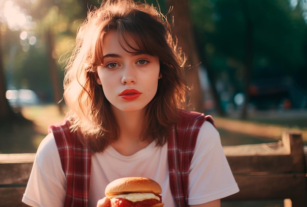 Photo a beautiful woman eating hamburger