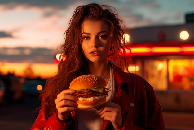 Foto una bella donna che mangia hamburger