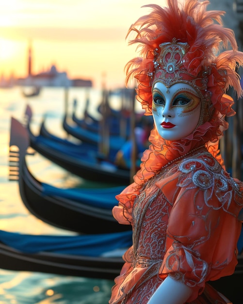 Foto bella donna in abiti eleganti a un ballo mascherato al carnevale di venezia