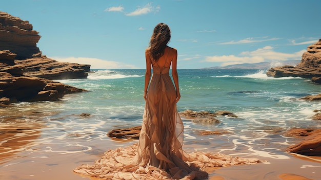 A beautiful woman in an elegant long dress looks at the sea waves on a serene sandy summer beach rear view Generative AI