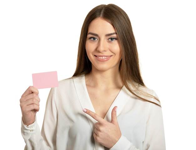 Beautiful woman and empty blank card on white background