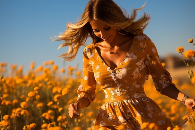 美しい女性が黄色いドレスを着て晴れた日に開花した花に囲まれて自然を楽しんでいます