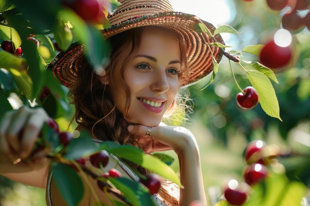 Beautiful woman enjoying picking up cherries in green orchard