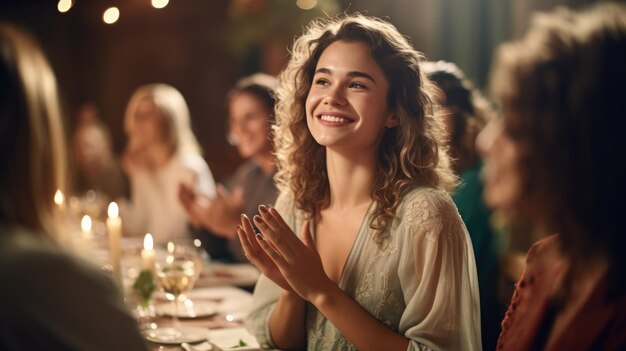 Beautiful woman enjoying while having dinner with friends at night party