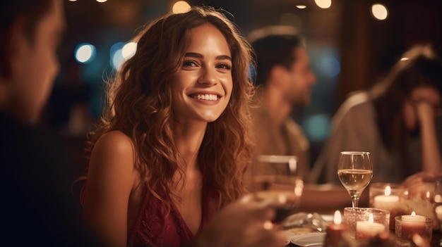 Beautiful woman enjoying while having dinner with friends at night party