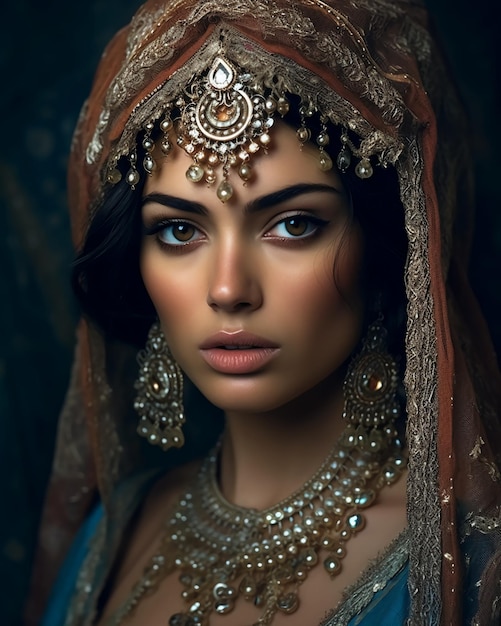 Beautiful woman in exotic clothing and ancient jewelry Persian style