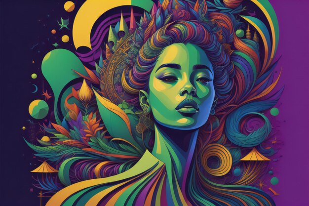 Beautiful woman face and abstract colorful background Psychedelic vector illustration generative ai