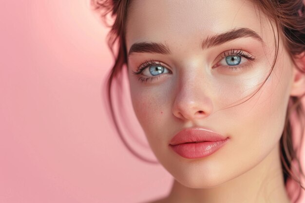 Beautiful woman face close up studio on pink