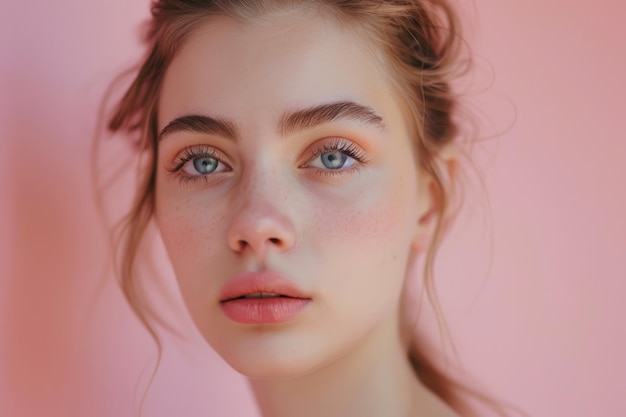 Photo beautiful woman face close up studio on pink