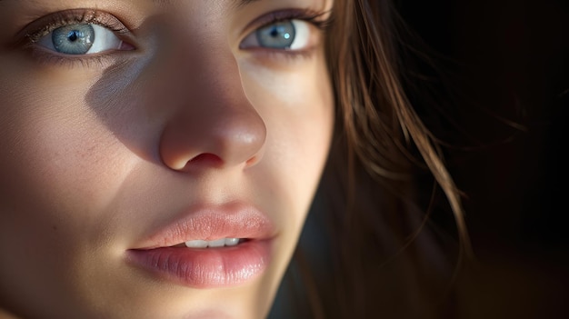 Foto una bella faccia di donna, pelle sana, primo piano, ritratto in studio di una bella donna.