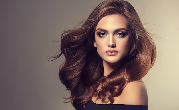 Beautiful woman face wearing in splendid makeup and surrounded by dense long waves of flying hair