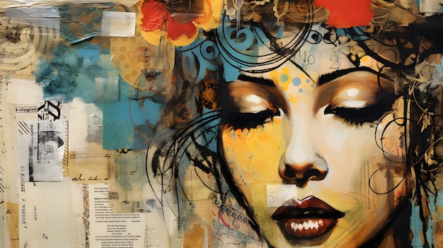 Beautiful woman face with abstract colorful painting Contemporary art collage