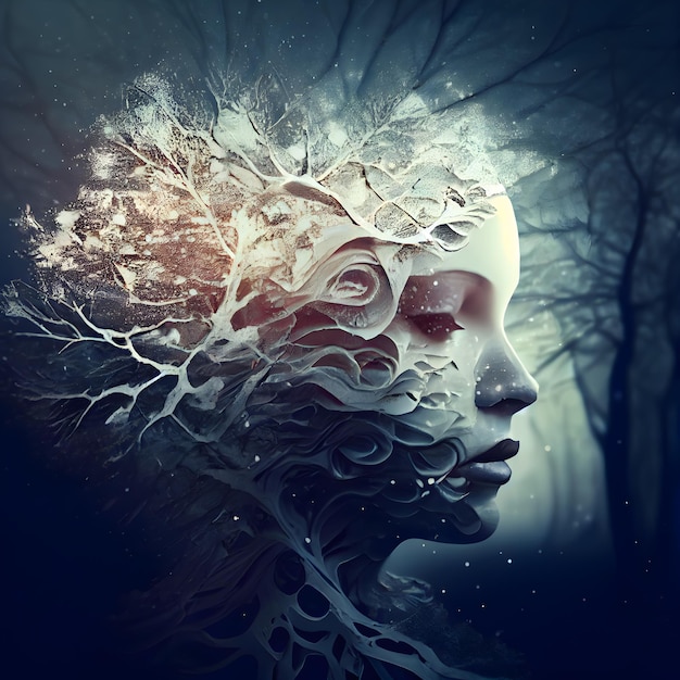 Beautiful woman face with abstract winter forest 3D rendering