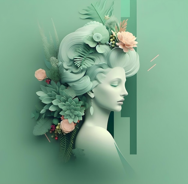 Beautiful woman face with flowers creative illustration in pastel green and pink colors